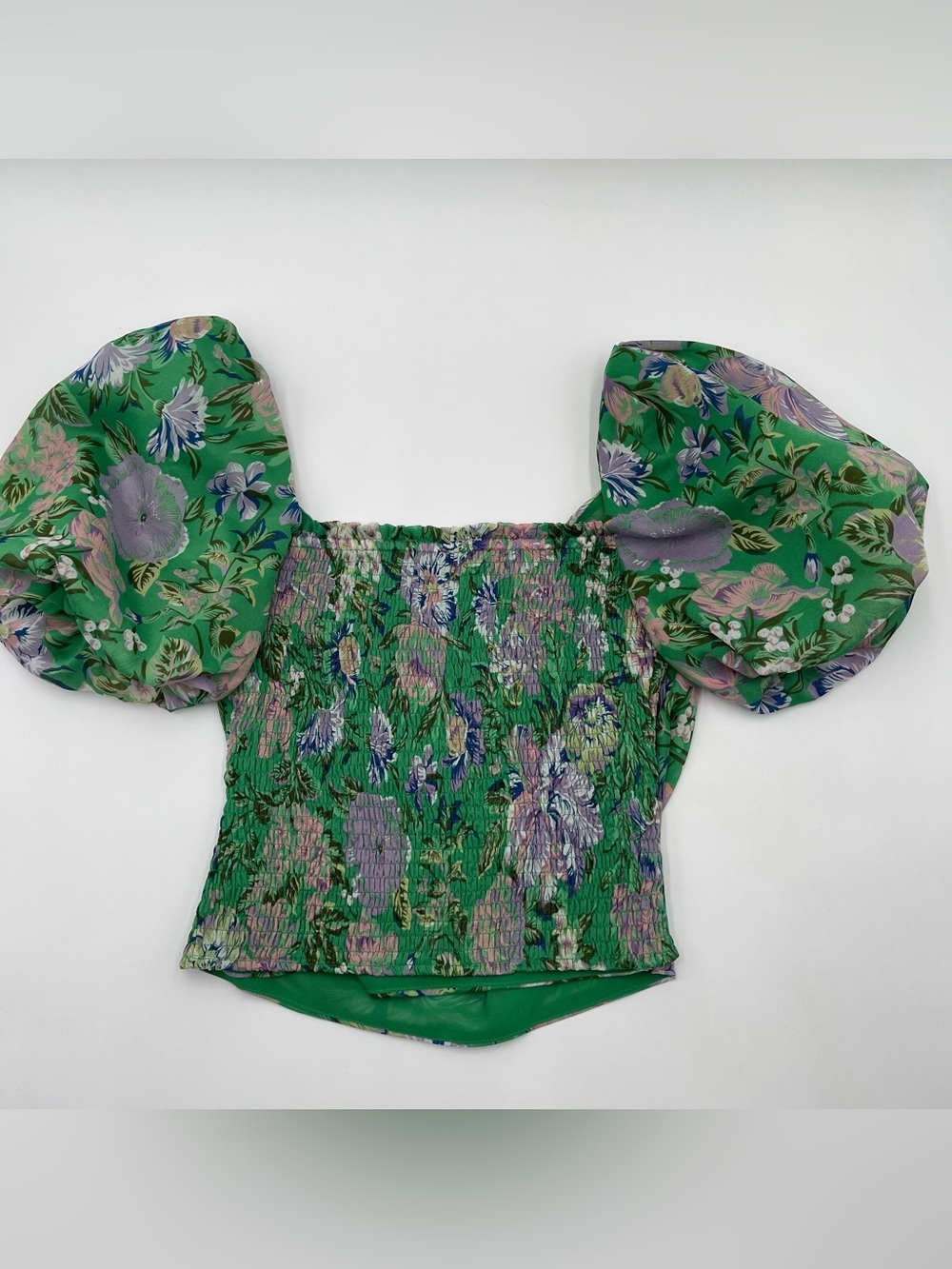 ASTR the Label Summer Magic Green Floral Print Puff Sleeve Wrap Top Blouse Small - Picture 5 of 12